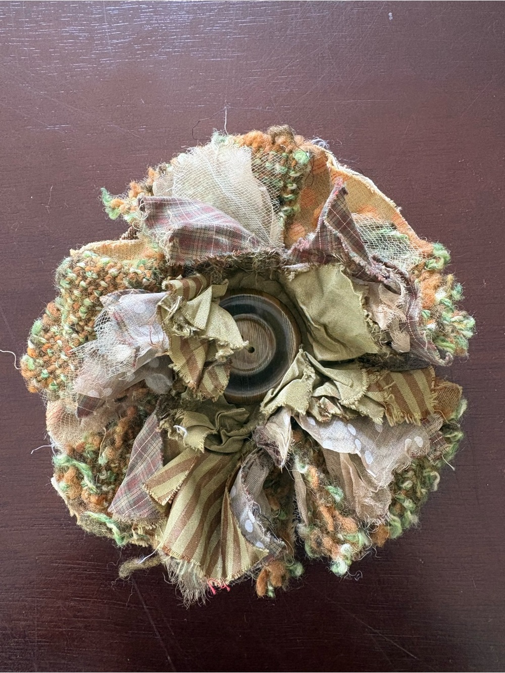 Handmade Olive & Tan Fabric Flower Brooch with Button Center